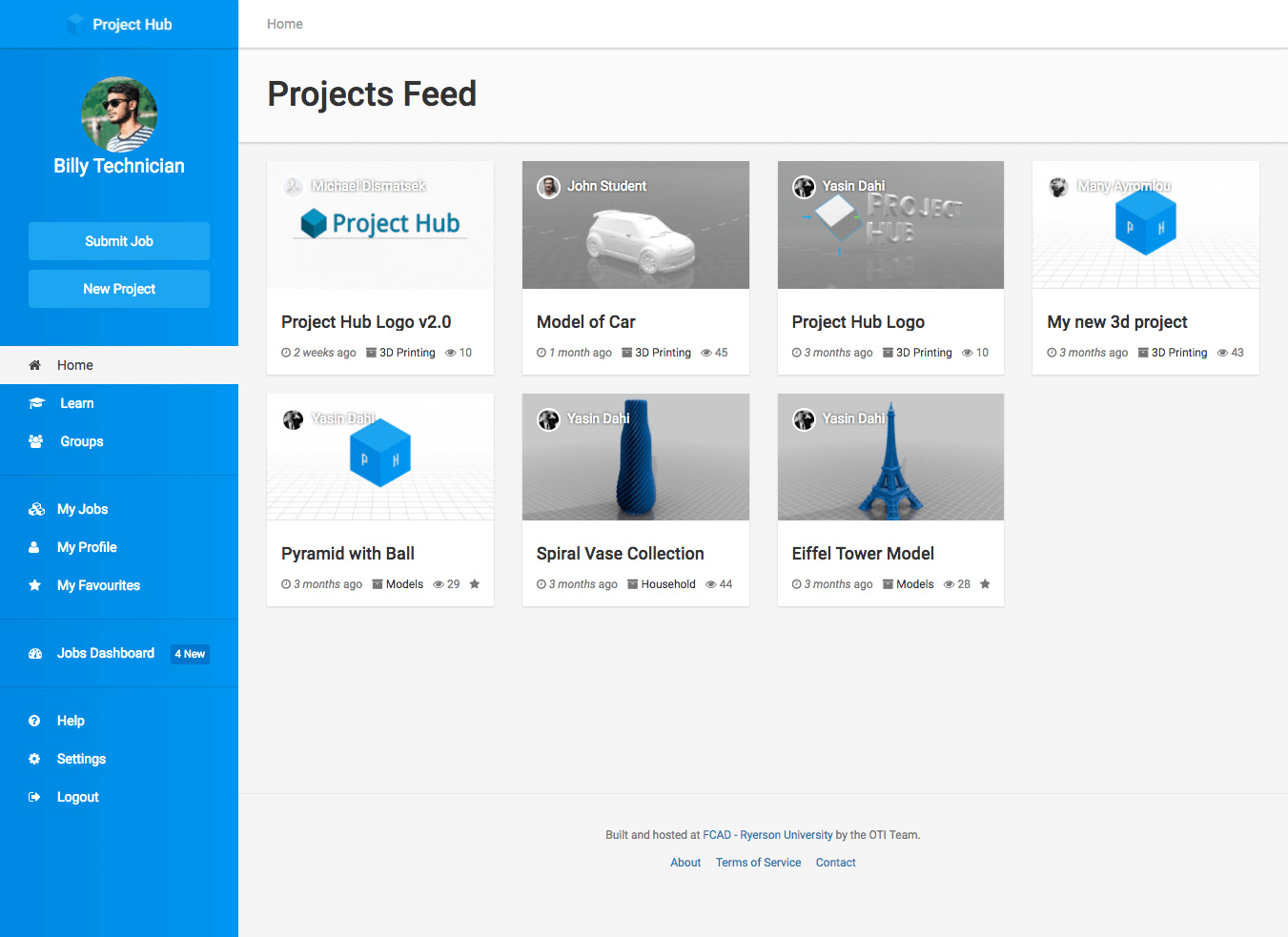 Projects Feed page showing several items shared by users in a card grid layout