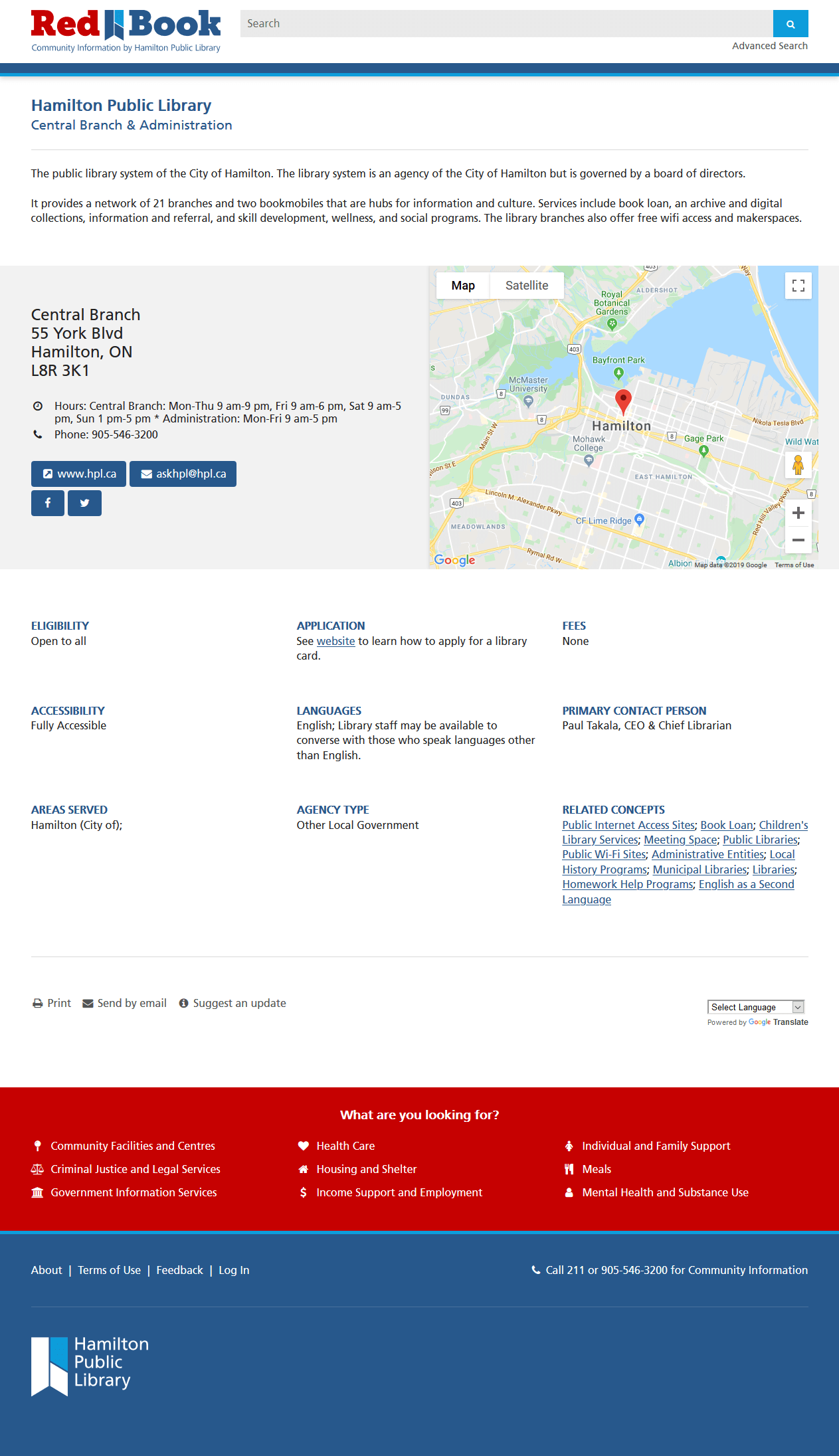 Page for an individual resource showing full description, contact and location information, links, and additional fields