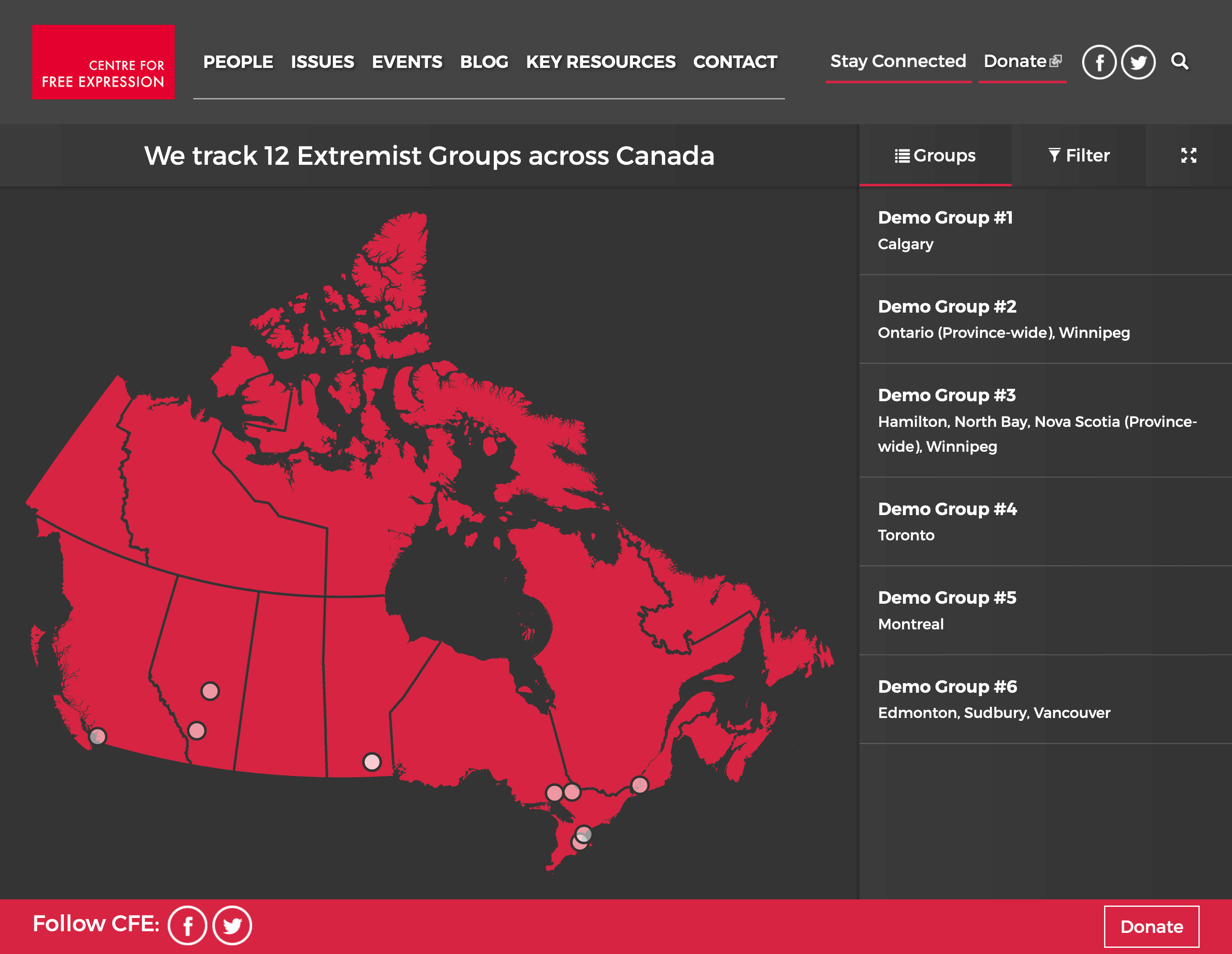 Interactive tracking points on map of Canada, a sidebar listing visible groups, and a filter tab