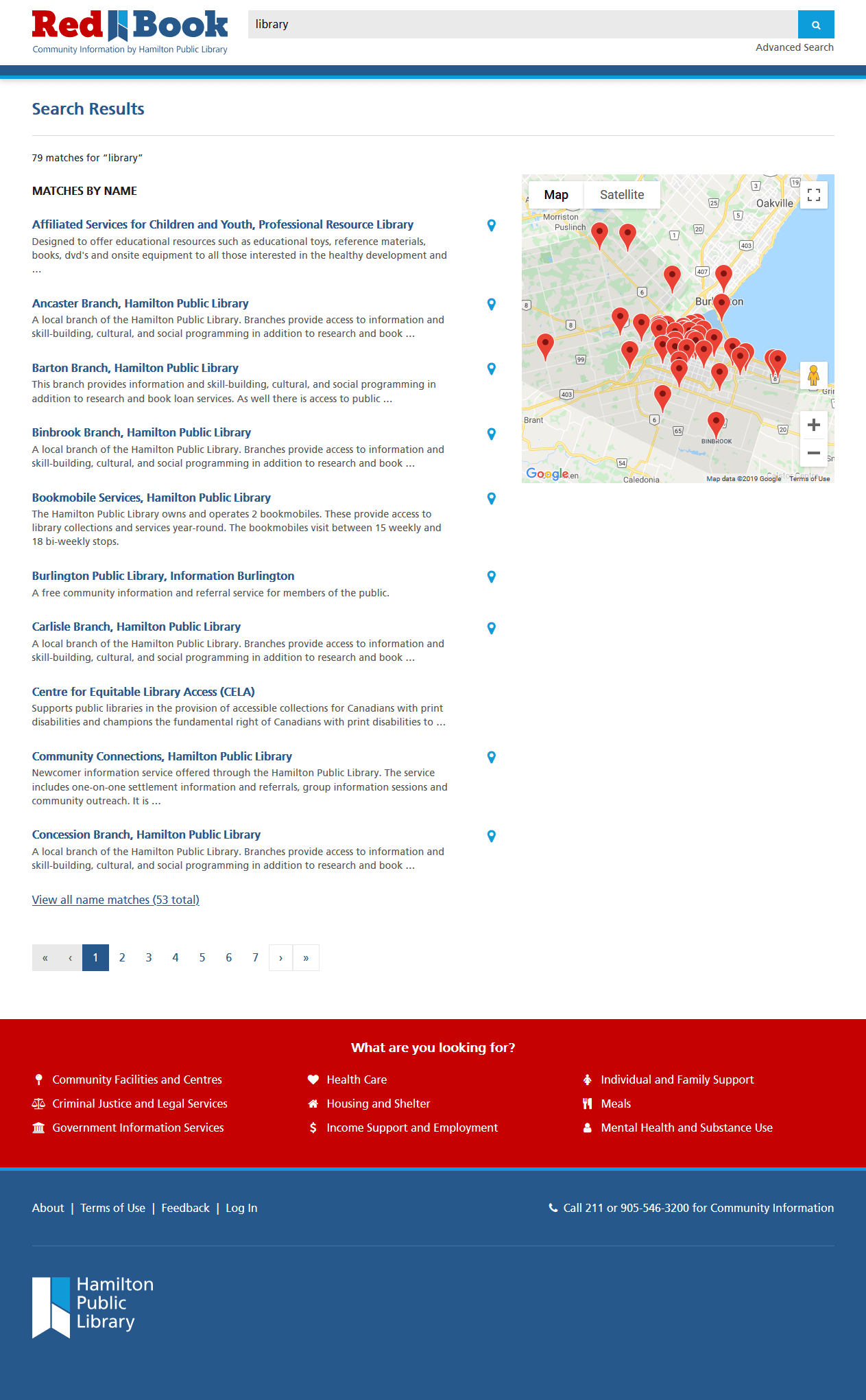 Search results page showing links, short descriptions, and a map with location pins