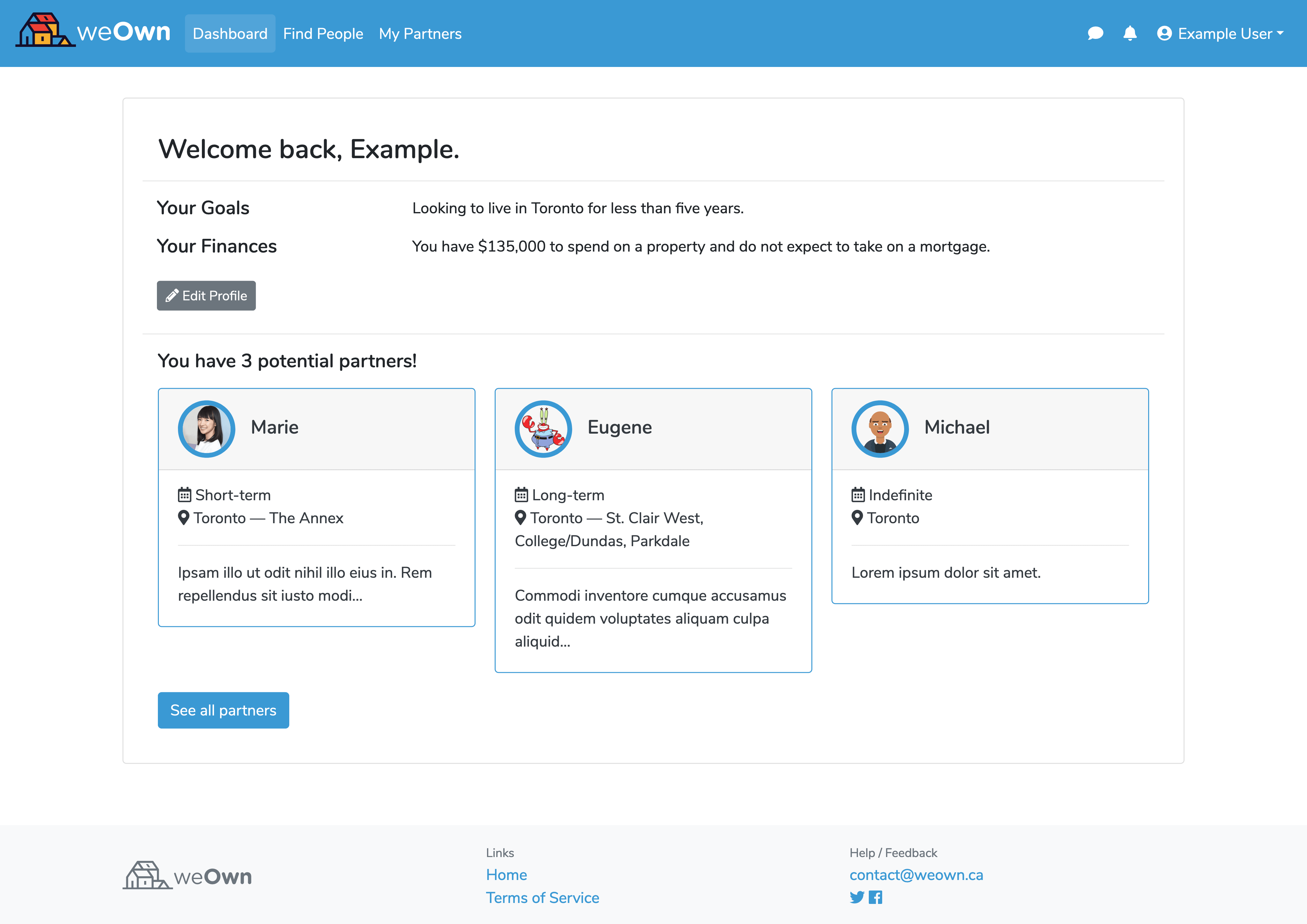 Dashboard page showing welcome message, profile information, and three potential partners
