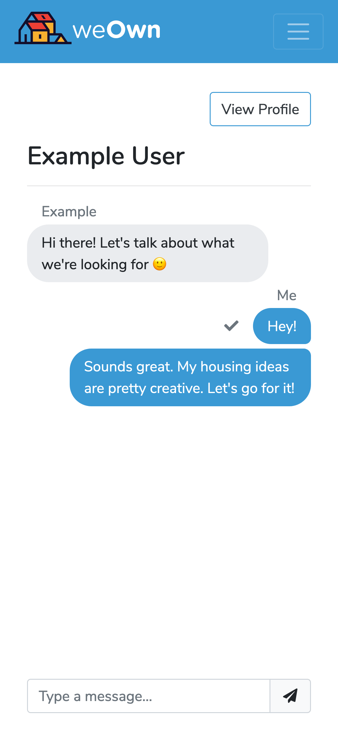 Mobile view of chat between two users discussing housing their goals