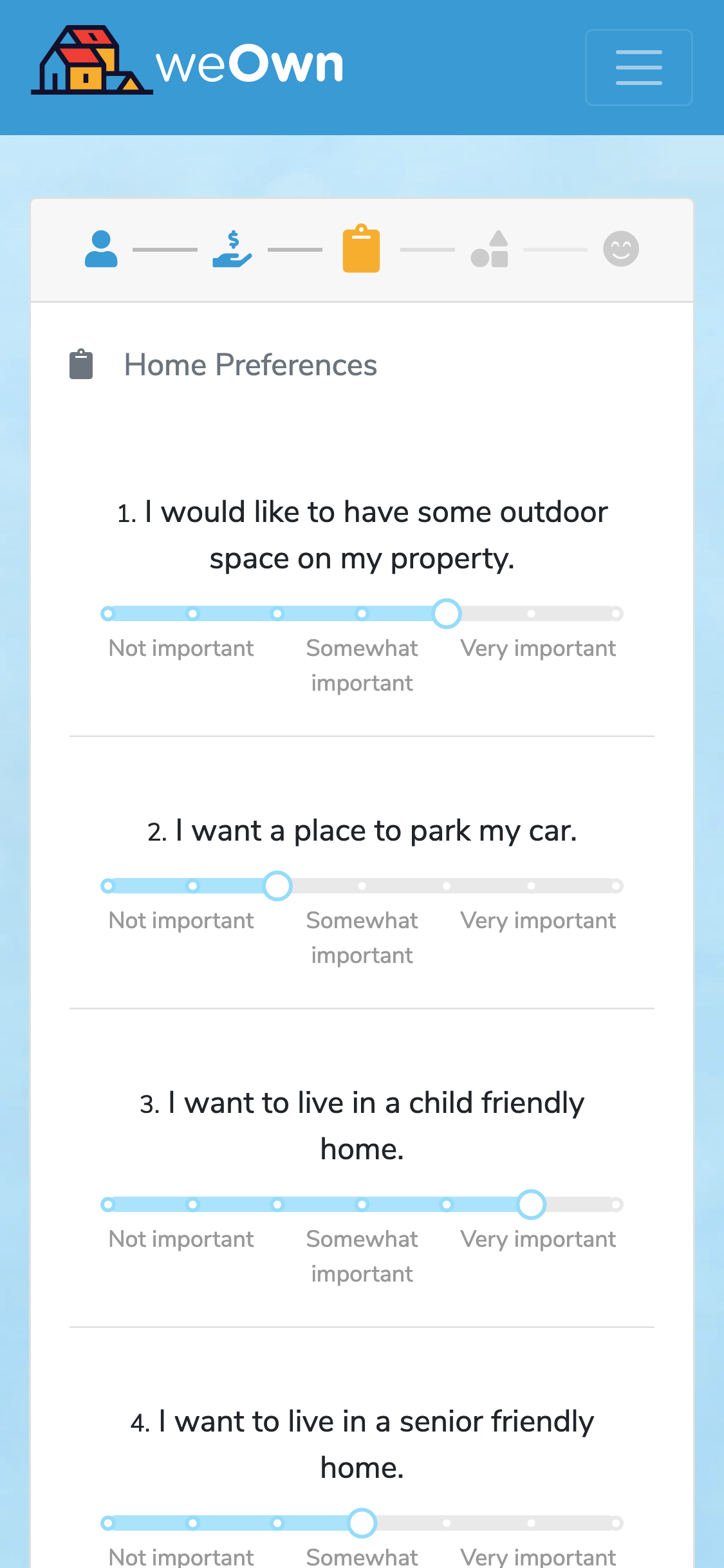 Mobile view of survey questions for user home preferences with sliders for each answer